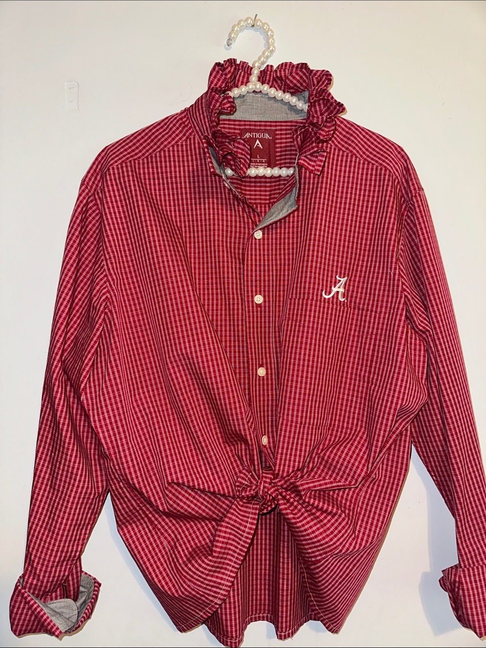 Antigua Red Alabama Check Ruffled collar Shirt embroidered A